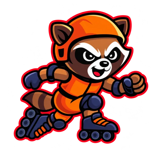 La mascota mapache de Rocket Rollers sobre sus patines